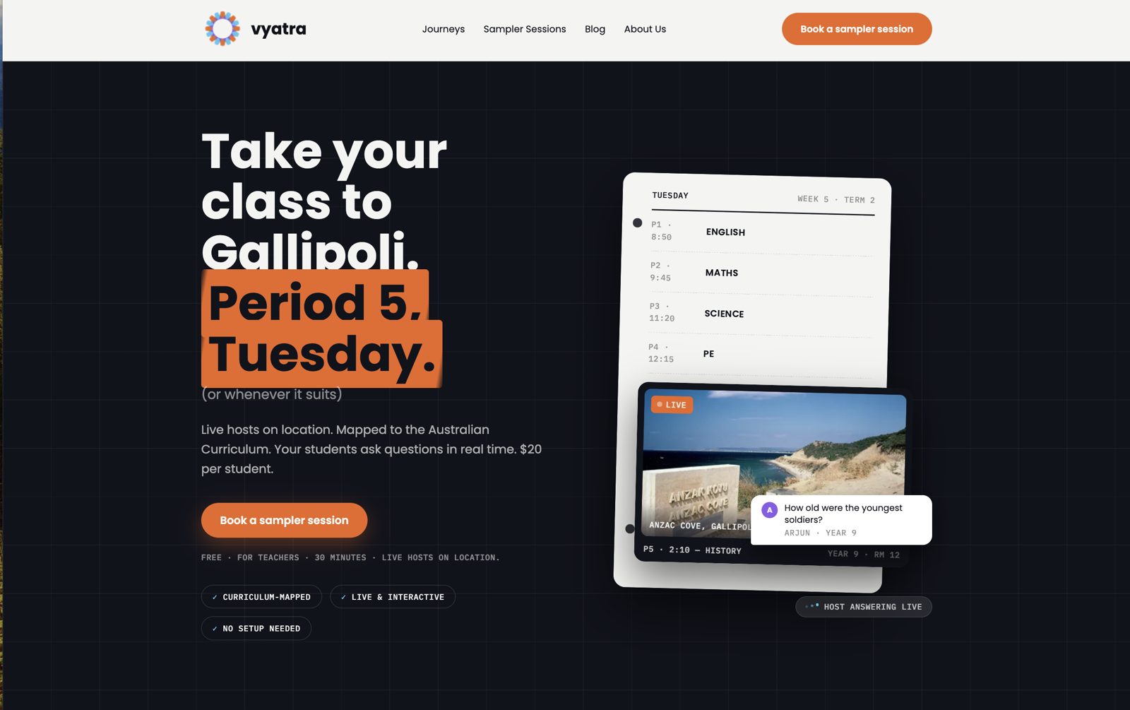 The new Vyatra website, showing a live Gallipoli journey scheduled into a school timetable